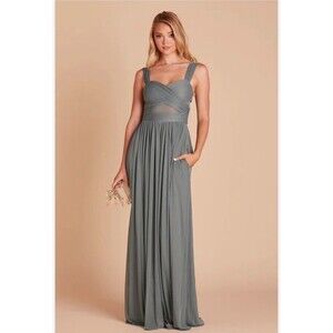 BIRDY GREY "Elyse" Gown Bridesmaid Dress Sea Glass Green Pleated Mesh Cutout S‎